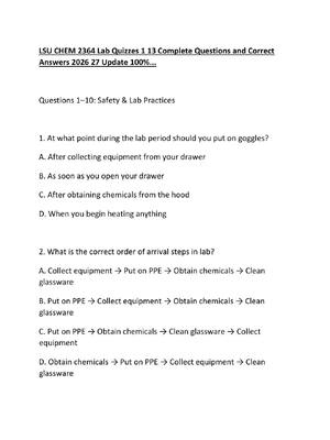 Preview of LSU CHEM 2364 Lab Quizzes 1 13 Complete Questions and Correct Answers 2026 27 Update
