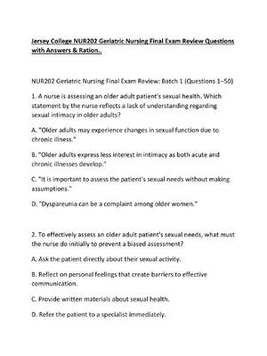 Preview of Jersey College NUR202 Geriatric Nursing Final Exam Review Questions with Answers
