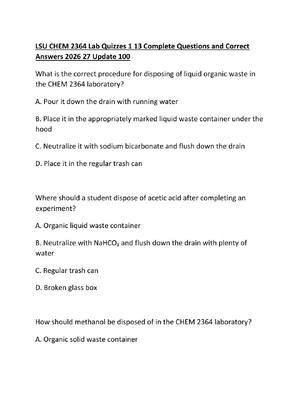 Preview of LSU CHEM 2364 Lab Quizzes 1 13 Complete Questions and Correct Answers 2026 27 Update 100