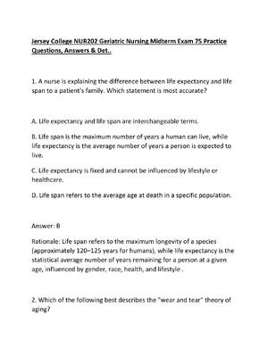 Preview of Jersey College NUR202 Geriatric Nursing Midterm Exam 75 Practice Questions