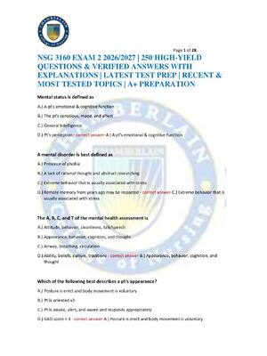 Preview of NSG 3160 EXAM 2 2026/2027 | 250 HIGH-YIELD QUESTIONS & VERIFIED ANSWERS WITH EXPLANATIONS