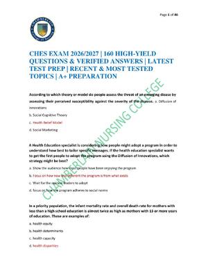 Preview of CHES EXAM 2026/2027 | 160 HIGH-YIELD QUESTIONS & VERIFIED ANSWERS | LATEST TEST PREP | REC