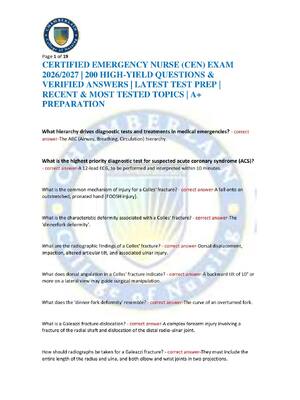 Preview of CERTIFIED EMERGENCY NURSE (CEN) EXAM 2026/2027 | 200 HIGH-YIELD QUESTIONS & VERIFIED ANSWE