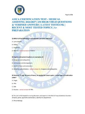 Preview of AMCA CERTIFICATION TEST - MEDICAL ASSISTING 2026/2027 | 230 HIGH-YIELD QUESTIONS & VERIFIE