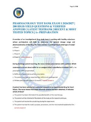 Preview of PHARMACOLOGY TEST BANK EXAM 1 2026/2027 | 200 HIGH-YIELD QUESTIONS & VERIFIED ANSWERS | LA