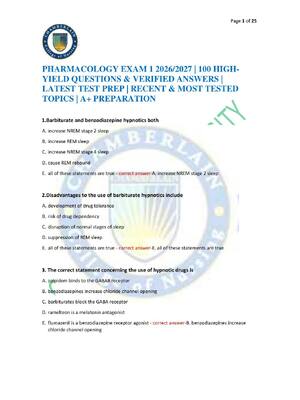 Preview of PHARMACOLOGY EXAM 1 2026/2027 | 100 HIGH-YIELD QUESTIONS & VERIFIED ANSWERS | LATEST TEST