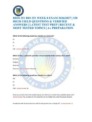 Preview of BIOS 251 BIO 251 WEEK 8 EXAM 2026/2027 | 150 HIGH-YIELD QUESTIONS & VERIFIED ANSWERS | LAT