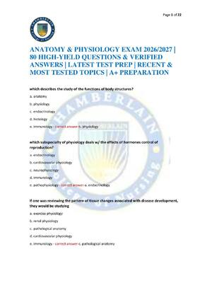 Preview of ANATOMY & PHYSIOLOGY EXAM 2026/2027 | 80 HIGH-YIELD QUESTIONS & VERIFIED ANSWERS | LATEST