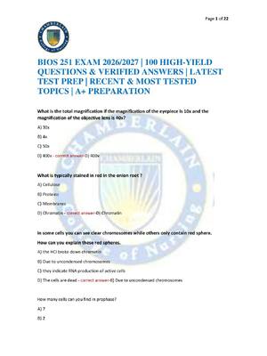 Preview of BIOS 251 EXAM 2026/2027 | 100 HIGH-YIELD QUESTIONS & VERIFIED ANSWERS | LATEST TEST PREP |