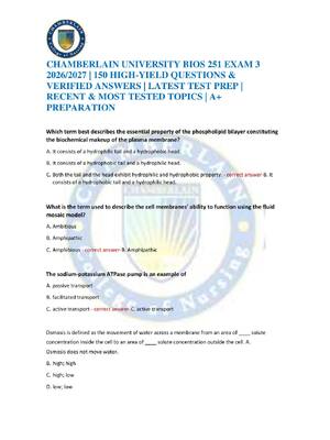 Preview of CHAMBERLAIN UNIVERSITY BIOS 251 EXAM 3 2026/2027 | 150 HIGH-YIELD QUESTIONS & VERIFIED ANS