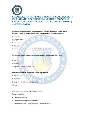 Preview of CHAMBERLAIN UNIVERSITY BIOS 251 EXAM 2 2026/2027 | 150 HIGH-YIELD QUESTIONS & VERIFIED ANS