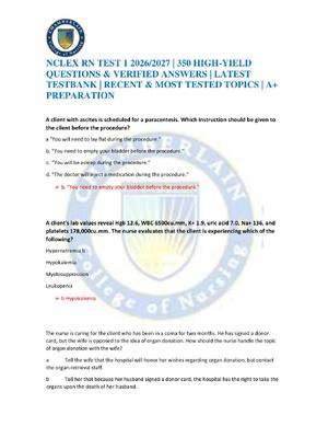 Preview of NCLEX RN TEST 1 2026/2027 | 350 HIGH-YIELD QUESTIONS & VERIFIED ANSWERS | LATEST TESTBANK