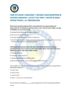 Preview of NUR 273 EXAM 1 2026/2027 | 80 HIGH-YIELD QUESTIONS & VERIFIED ANSWERS | LATEST TEST PREP |