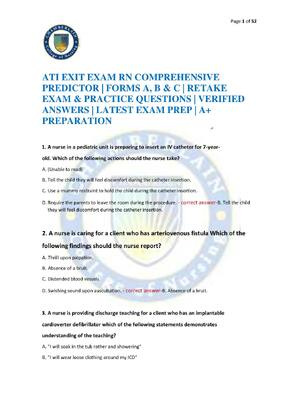 Preview of ATI EXIT EXAM RN COMPREHENSIVE PREDICTOR | FORMS A, B & C | RETAKE EXAM & PRACTICE QUESTIO