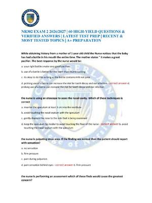 Preview of NR302 EXAM 2 2026/2027 | 60 HIGH-YIELD QUESTIONS & VERIFIED ANSWERS | LATEST TEST PREP | R