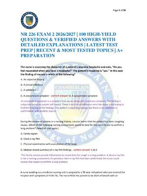 Preview of NR 226 EXAM 2 2026/2027 | 100 HIGH-YIELD QUESTIONS & VERIFIED ANSWERS WITH DETAILED EXPLAN