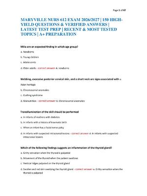 Preview of MARYVILLE NURS 612 EXAM 2026/2027 | 150 HIGH-YIELD QUESTIONS & VERIFIED ANSWERS | LATEST T