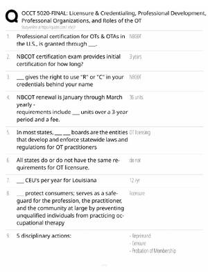 Preview of OCCT 5020 Final Study Guide / Licensure, Credentialing & OT Roles / Score 100% / 2025 Upda