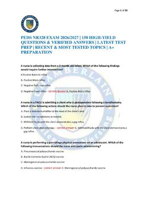 Preview of PEDS NR328 EXAM 2026/2027 | 150 HIGH-YIELD QUESTIONS & VERIFIED ANSWERS | LATEST TEST PREP