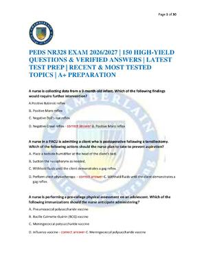 Preview of PEDS NR328 EXAM 2026/2027 | 150 HIGH-YIELD QUESTIONS & VERIFIED ANSWERS | LATEST TEST PREP