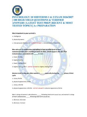 Preview of PSYCHOLOGY 10 MIDTERMS 1 & 2 EXAM 2026/2027 | 100 HIGH-YIELD QUESTIONS & VERIFIED ANSWERS
