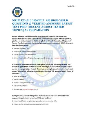 Preview of NR222 EXAM 2 2026/2027 | 150 HIGH-YIELD QUESTIONS & VERIFIED ANSWERS | LATEST TEST PREP |