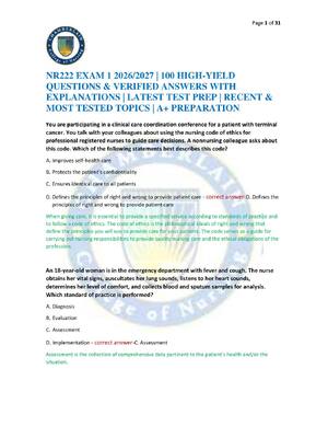 Preview of NR222 EXAM 1 2026/2027 | 100 HIGH-YIELD QUESTIONS & VERIFIED ANSWERS WITH EXPLANATIONS | L