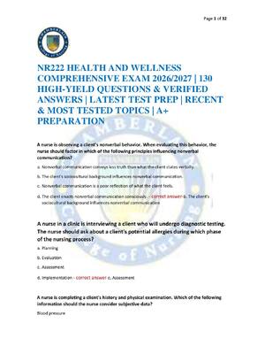 Preview of NR222 HEALTH AND WELLNESS COMPREHENSIVE EXAM 2026/2027 | 130 HIGH-YIELD QUESTIONS & VERIFI