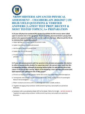 Preview of NR509 MIDTERM ADVANCED PHYSICAL ASSESSMENT – CHAMBERLAIN 2026/2027 | 150 HIGH-YIELD QUESTI