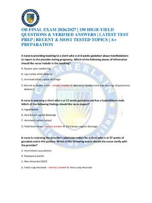 Preview of OB FINAL EXAM 2026/2027 | 150 HIGH-YIELD QUESTIONS & VERIFIED ANSWERS | LATEST TEST PREP |