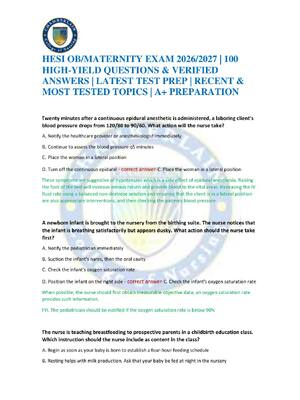 Preview of HESI OB/MATERNITY EXAM 2026/2027 | 100 HIGH-YIELD QUESTIONS & VERIFIED ANSWERS | LATEST TE