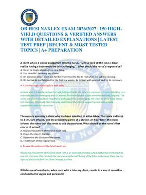 Preview of OB HESI NAXLEX EXAM 2026/2027 | 150 HIGH-YIELD QUESTIONS & VERIFIED ANSWERS WITH DETAILED