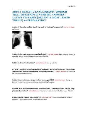 Preview of ADULT HEALTH 2 EXAM 2026/2027 | 200 HIGH-YIELD QUESTIONS & VERIFIED ANSWERS | LATEST TEST