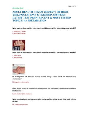 Preview of ADULT HEALTH 1 EXAM 2026/2027 | 100 HIGH-YIELD QUESTIONS & VERIFIED ANSWERS | LATEST TEST