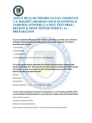 Preview of ADULT HEALTH THEORY EXAM 1 (MODULES 1-3) 2026/2027 | 200 HIGH-YIELD QUESTIONS & VERIFIED A
