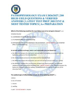 Preview of PATHOPHYSIOLOGY EXAM I 2026/2027 | 200 HIGH-YIELD QUESTIONS & VERIFIED ANSWERS | LATEST TE