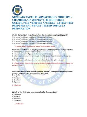 Preview of NR565 ADVANCED PHARMACOLOGY MIDTERM – CHAMBERLAIN 2026/2027 | 100 HIGH-YIELD QUESTIONS & V
