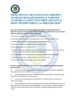 Preview of NR326 MENTAL HEALTH EXAM 2 2026/2027 | 150 HIGH-YIELD QUESTIONS & VERIFIED ANSWERS | LATES