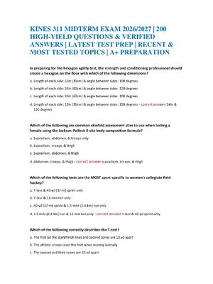 Preview of KINES 311 MIDTERM EXAM 2026/2027 | 200 HIGH-YIELD QUESTIONS & VERIFIED ANSWERS | LATEST TE