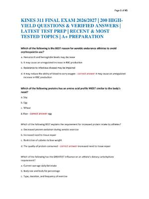 Preview of KINES 311 FINAL EXAM 2026/2027 | 200 HIGH-YIELD QUESTIONS & VERIFIED ANSWERS | LATEST TEST