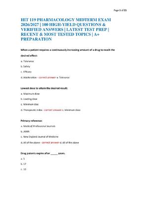 Preview of HIT 119 PHARMACOLOGY MIDTERM EXAM 2026/2027 | 100 HIGH-YIELD QUESTIONS & VERIFIED ANSWERS