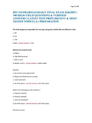 Preview of HIT 119 PHARMACOLOGY FINAL EXAM 2026/2027 | 100 HIGH-YIELD QUESTIONS & VERIFIED ANSWERS |