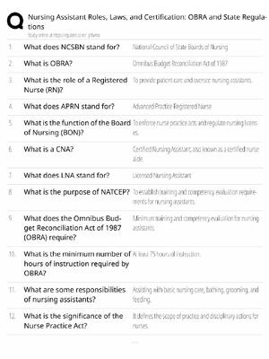 Preview of Nursing Assistant Study Guide / OBRA & State Regulations / Roles, Laws & Certification / S