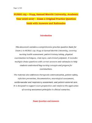 Preview of NURSG 125 – N144, Samuel Merritt University, Academic Year 2026-2027 – Exam 2 Original Pra