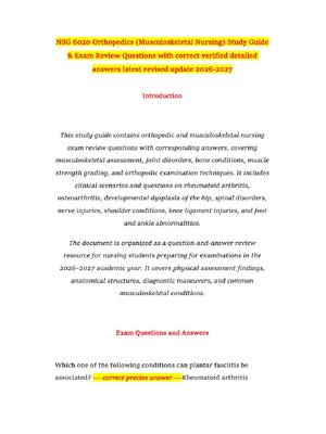 Preview of NSG 6020 Orthopedics (Musculoskeletal Nursing) Study Guide & Exam Review Questions with co