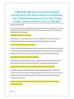 Preview of N480/NURS 480 Advanced Medical-Surgical  Nursing Final exam