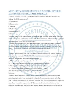 Preview of ATI PN MENTAL HEALTH QUESTION AND ANSWERS COVERING ALL TOPICS LATEST EXAM WITH RATIONALE.