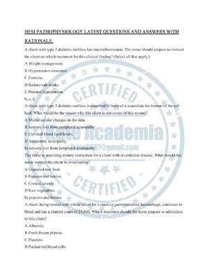 Preview of HESI PATHOPHYSIOLOGY LATEST QUESTIONS AND ANSWERS WITH RATIONALE. THE TOPICS COVERED Cardi
