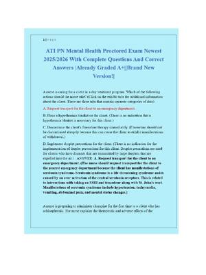Preview of ATI PN Mental Health Proctored Exam Newest 2025/2026 With Complete Questions And Correct A