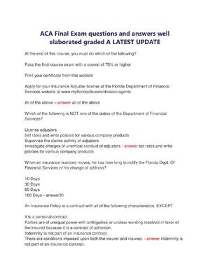 Preview of ACA Final Exam questions and answers well  elaborated graded A LATEST UPDATE